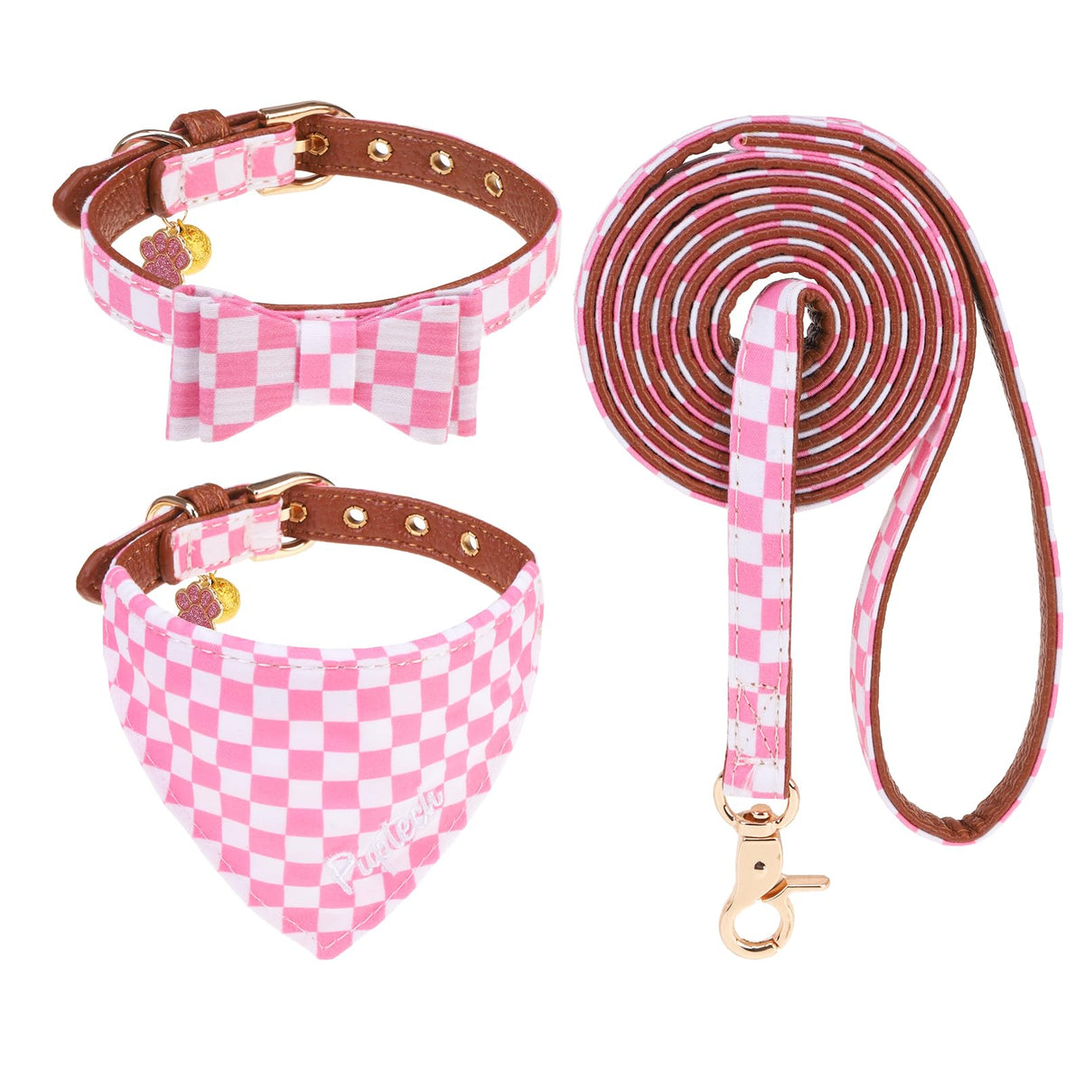 PUPTECK Halloween Dog Collar and Leash Set - 3 Pack Adjustable Pet Bandana Collars with Bow Tie and Bells, Soft Leather for Small Dogs Puppies and Cats Accessories, Orange Pumpkin