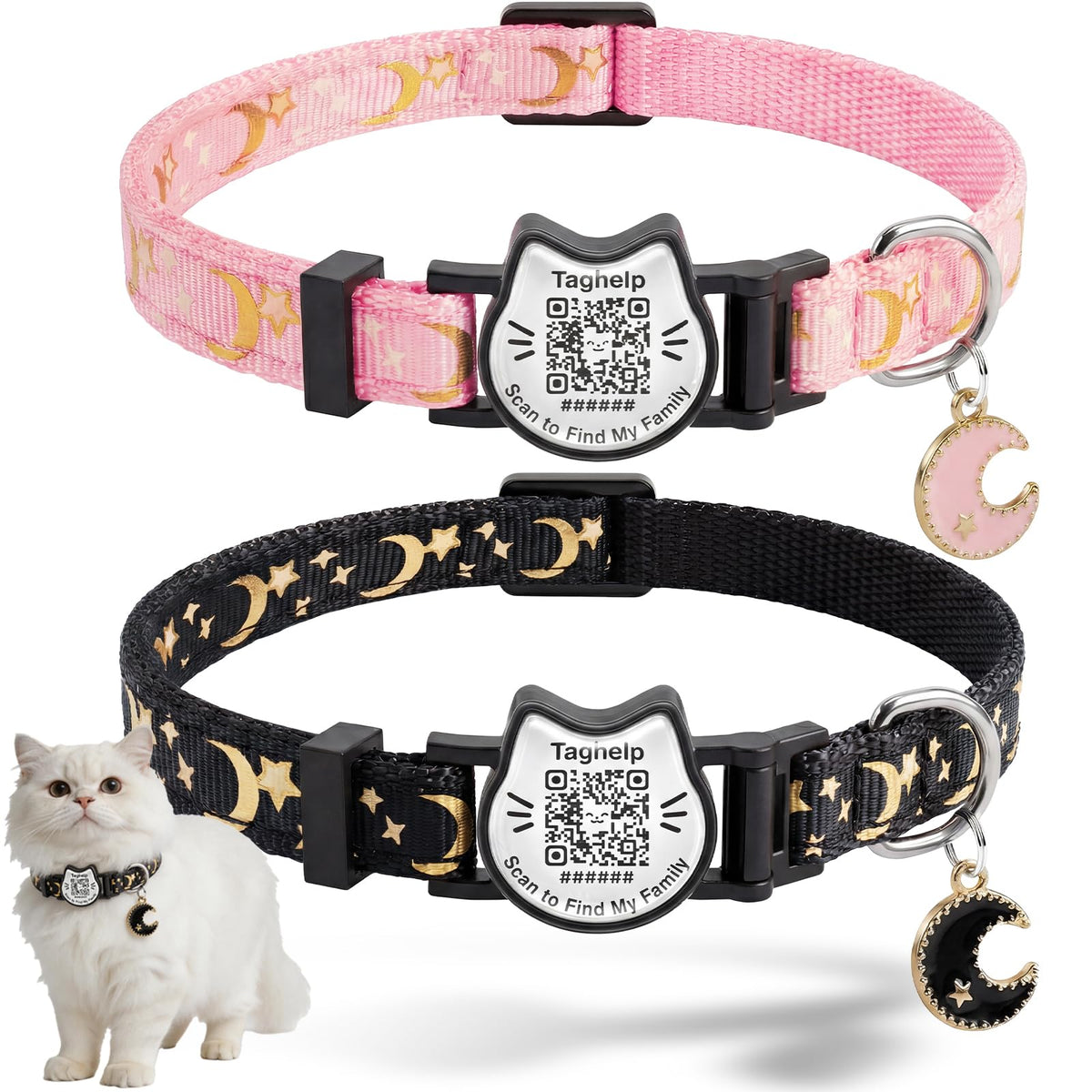 Breakaway Cat Collar with QR Code Tag and Bell (Black & Rose red)