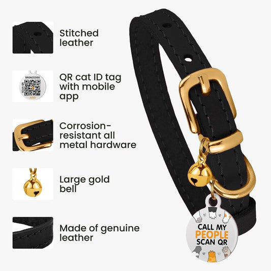 Leather Cat Collar, Removable Bells, QR Tag (9-12", Black & Gold)