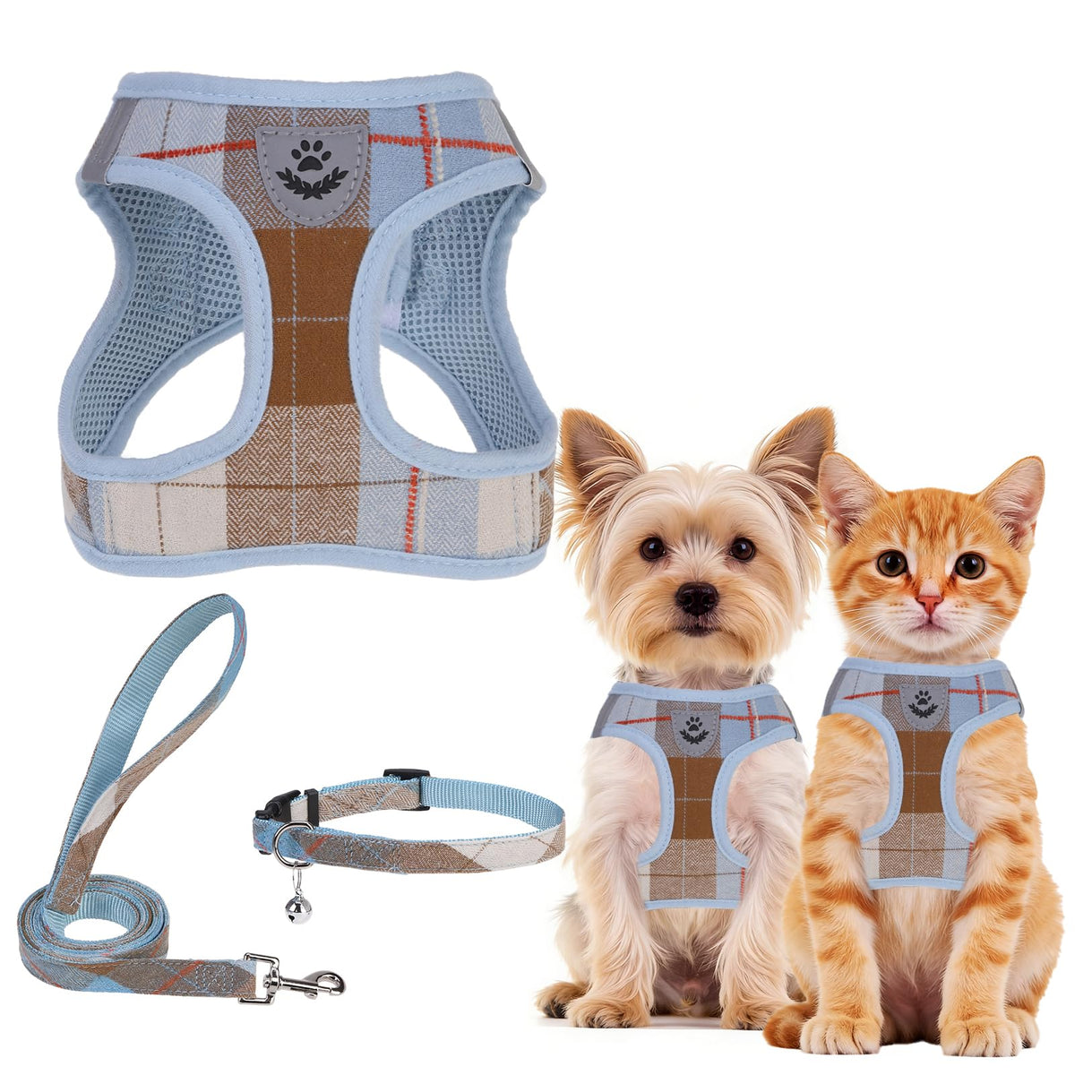 PUPTECK Adjustable Pet Harness Collar &Leash Set Step in for Small Dogs Puppy &Cats Outdoor Training &Running, Soft Mesh Padded Reflective Vest Harness,M: Chest girth: 16-18in Collar: 11.8-15.7in