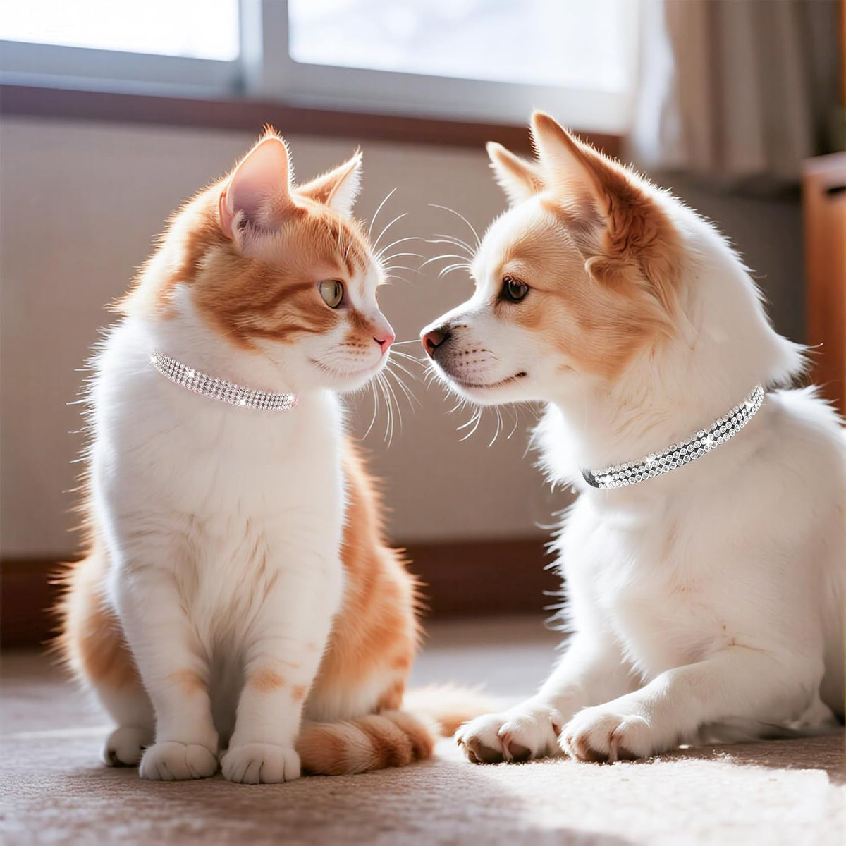 PUPTECK Basic Adjustable Cat Collar with Bling Diamond and Double Bells, for Kitten and Small Puppy, Fashion and Shining Dog Rhinestone Collars, 8-10 in, Pink
