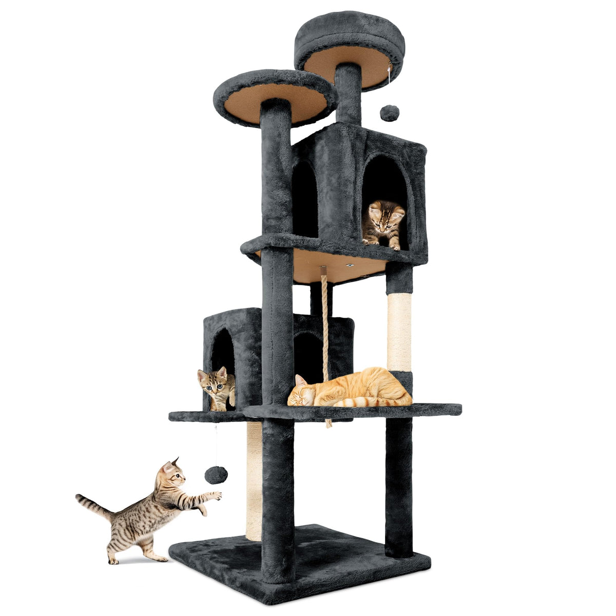 58.5inch Large Cat Tree Tower Condo for Indoor Cats, Soft Plush Multi-Level Climbing Tree Cat House with Cat Cave, Scratching Post, More Entrance/Exit, Sisal Rope, Grey Black
