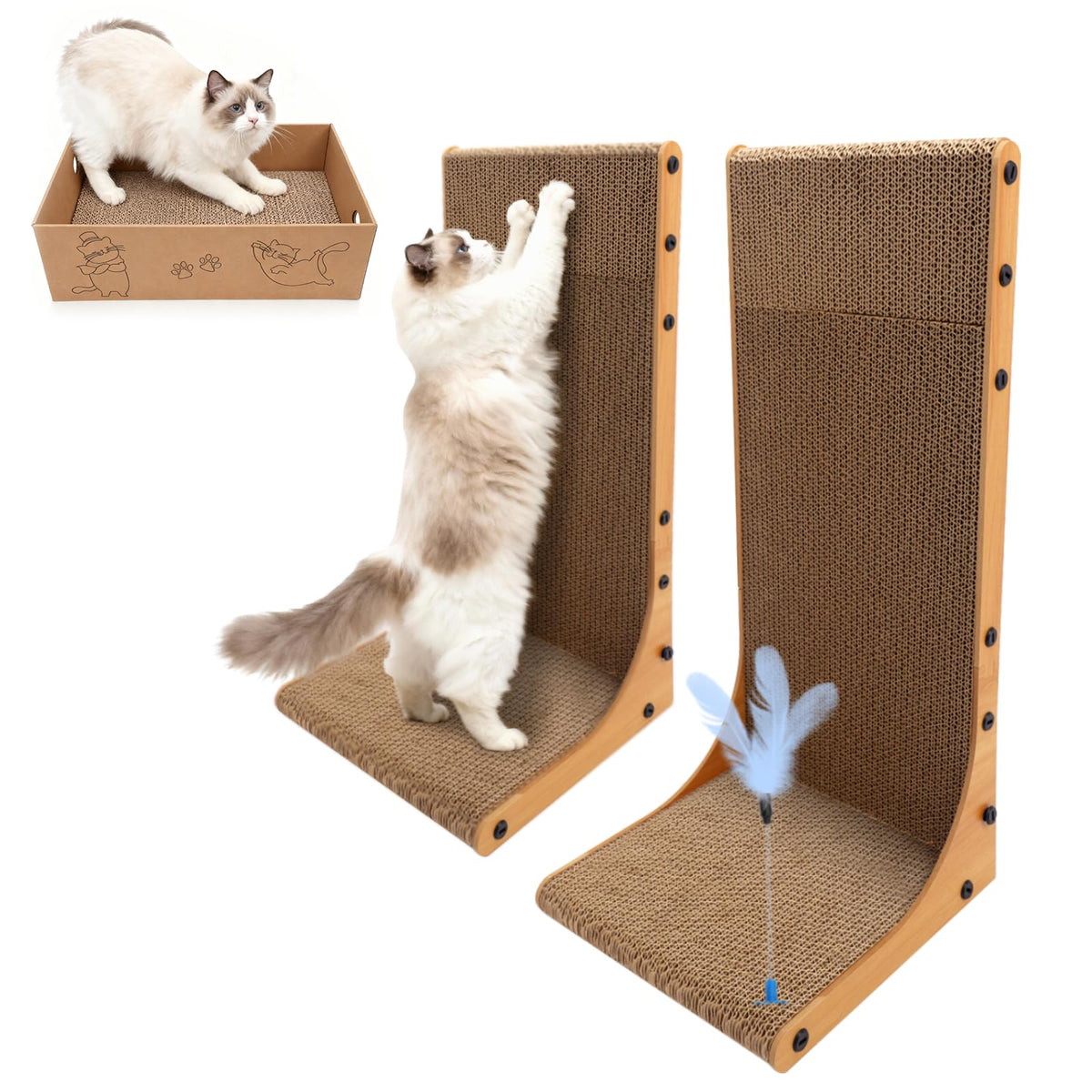 Goosheep Cat Scratching Post, 3-in1 Cat Scratcher for Indoor Cats, 2PK 22in L-Shaped Scratching Board with 1PK Cardboard Box Scratch Pad, Cats Scratch Furniture Protector with Feathered Toy