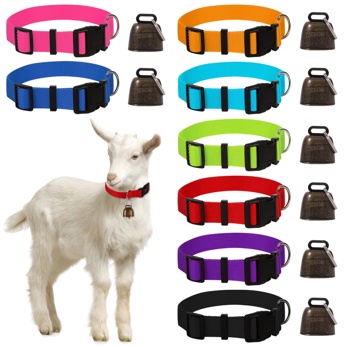 4 Pack Goat Collars with Bell Adjustable Nylon Collar and Grazing Copper Bells Set Farm Animal Anti-Lost with Loud Bronze Bells for Goat Sheep Horse Cow