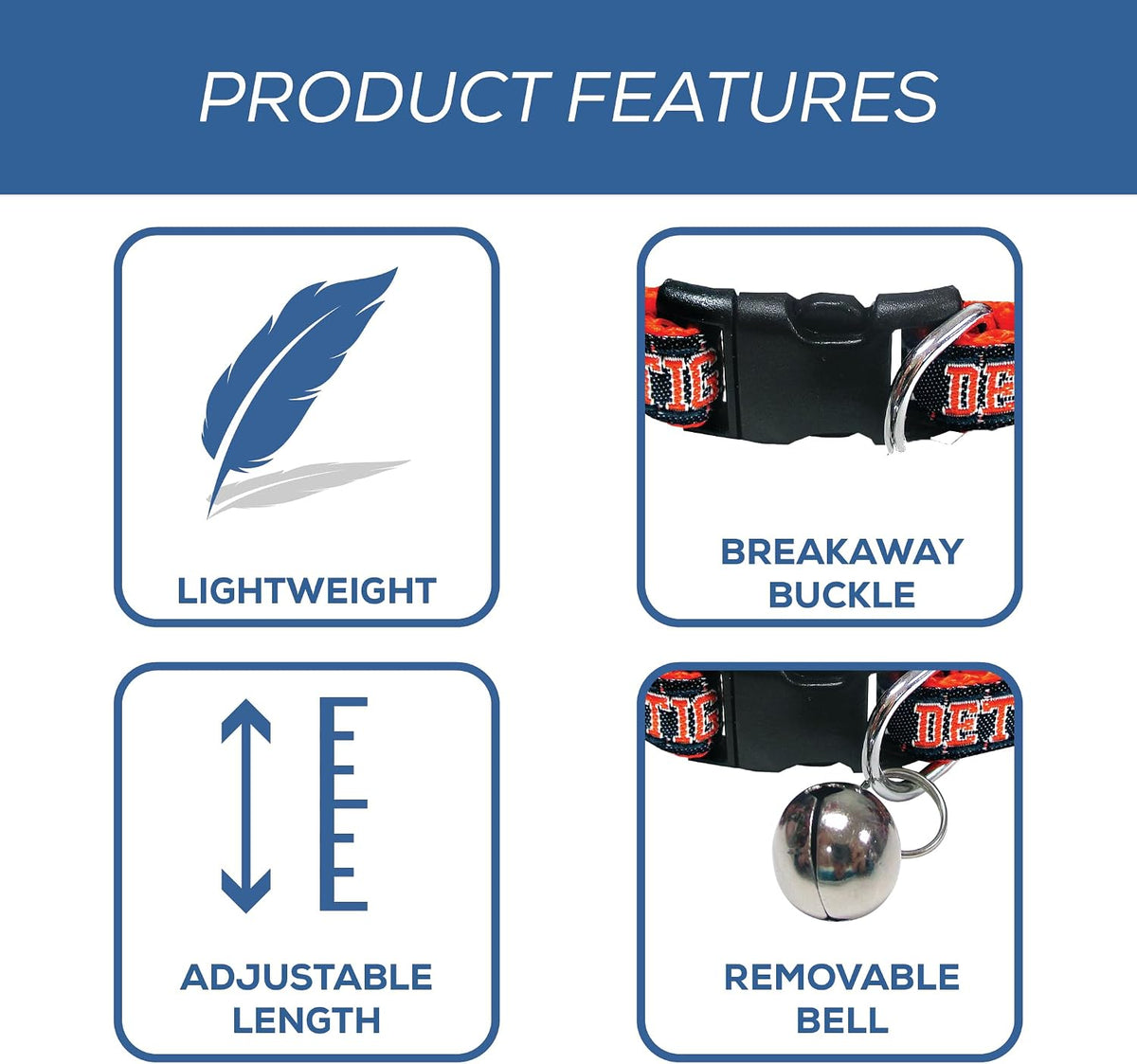 MLB CAT COLLAR. - DETROIT TIGERS CAT COLLAR. - Strong & Adjustable BASEBALL Cat Collars with Metal Jingle Bell
