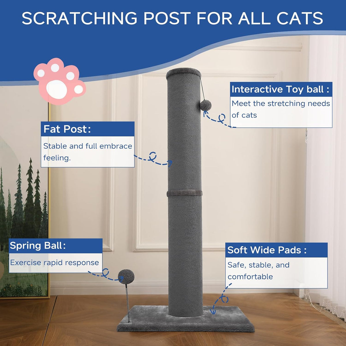 Cat Craft 41" Tall Short Plush Cat Scratching Post for Indoor Cats, Gray