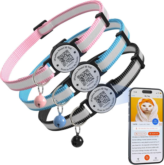 Cat Collar Breakaway QR Code, Reflective cat Collar with Bells, 3-Pack