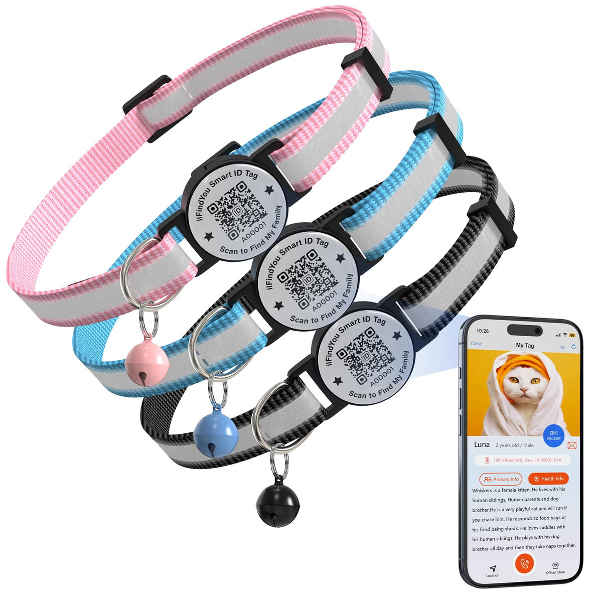 Cat Collar Breakaway QR Code, Reflective cat Collar with Bells, 3-Pack