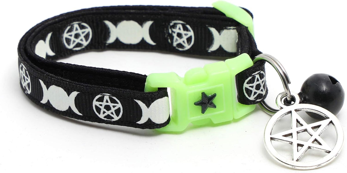 Wicca Cat Collar with Occult Charm & Bell | Witch's Familiar Cat Collar | Witch Kitten Collar Charms | Glow in The Dark | Safety Breakaway Collar (Small, Black)