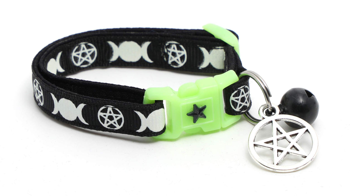 Wicca Cat Collar with Occult Charm & Bell | Witch's Familiar Cat Collar | Witch Kitten Collar Charms | Glow in The Dark | Safety Breakaway Collar (Small, Black)