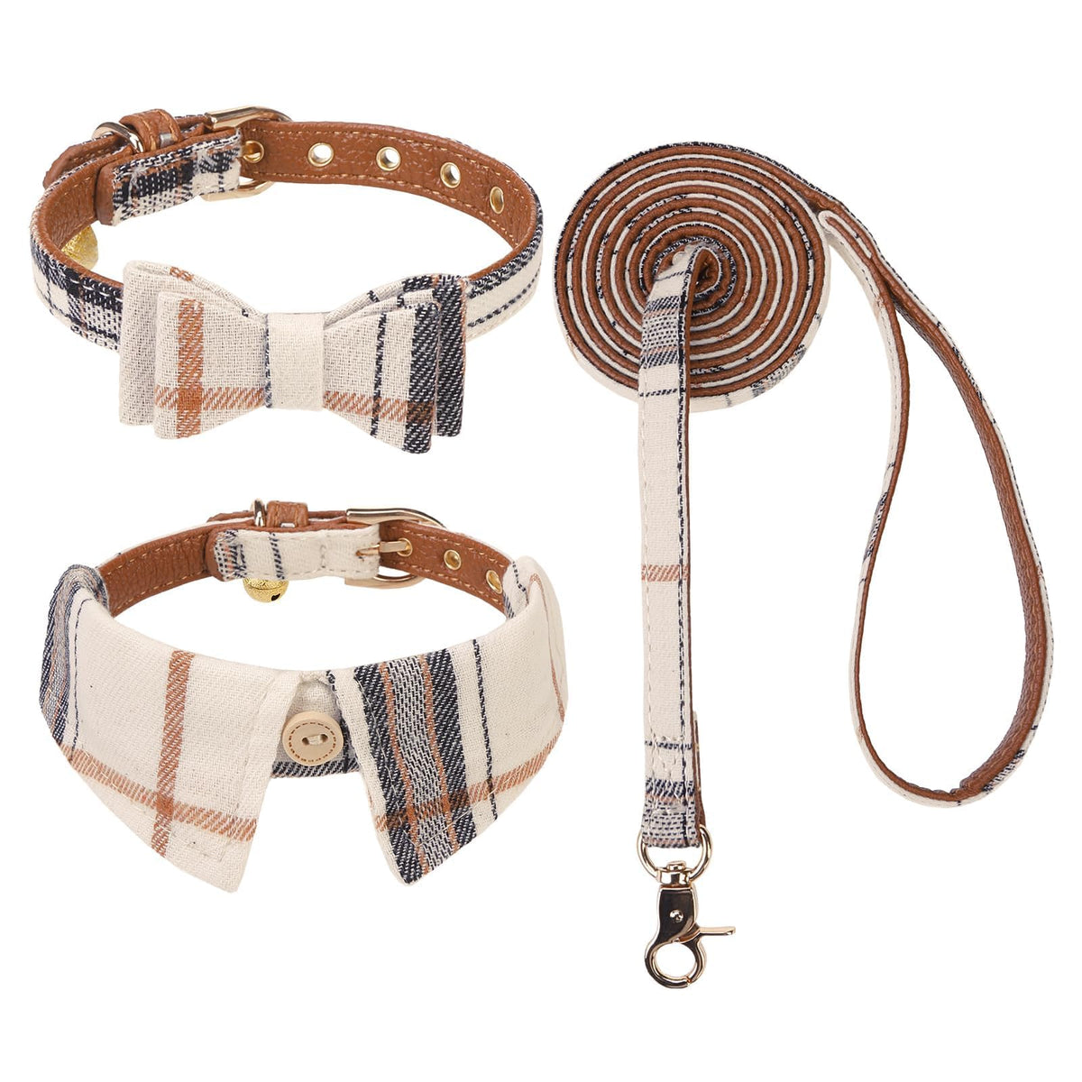 KOOLTAIL Cute Small Dog Collar and Leash Set with Bowtie and Bells,Puppy Bandana Collar and Leash for Girls with Pink Heart Pattern,Soft Leather Tangle Free Leashes for Small Dogs,Cats