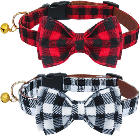 Plaid Dog Collar with Bow, 2 Pack/Set Adjustable Dog Bow Tie Collars with Bell, Best Pet Gift for Small Medium Large Girl and Boy Dogs, Red & Black