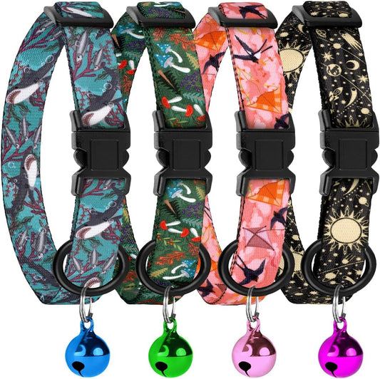 4PCS Breakaway Cat Collars with Bell - Cute Soft Adjustable Safety Kitten Collars 4-Pack - Nylon Pet Collars Nature Tribal Striped Floral Space Aztec Flowers Print (Nature)