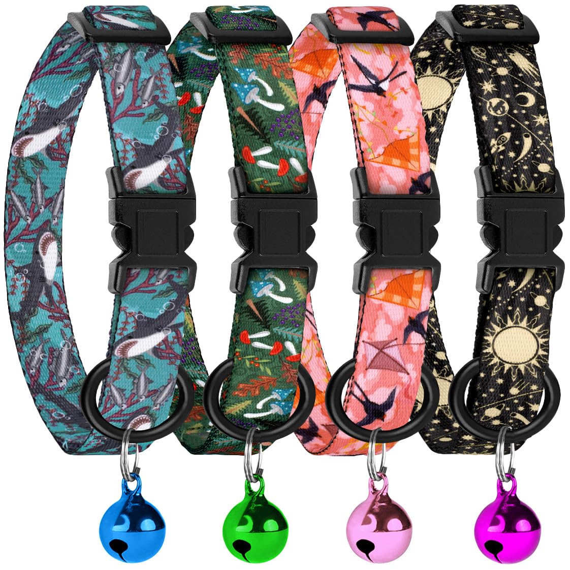 4PCS Breakaway Cat Collars with Bell - Cute Soft Adjustable Safety Kitten Collars 4-Pack - Nylon Pet Collars Nature Tribal Striped Floral Space Aztec Flowers Print (Nature)