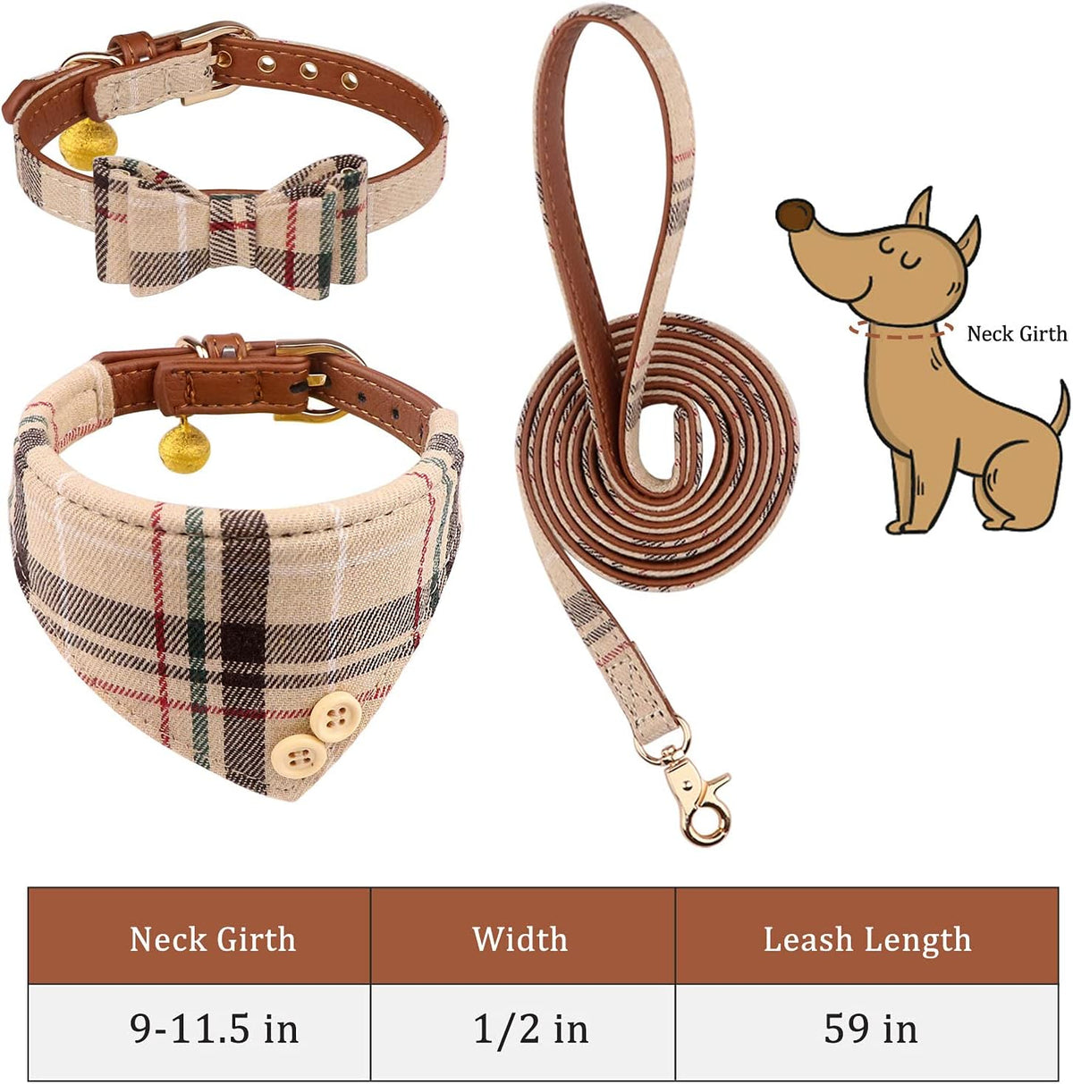 3 PCS Dog Collars for Small Puppy Collar and Leash Set, Bow Tie with Bell, Bandana Leather for Small Dogs Puppies and Cats(Beige)