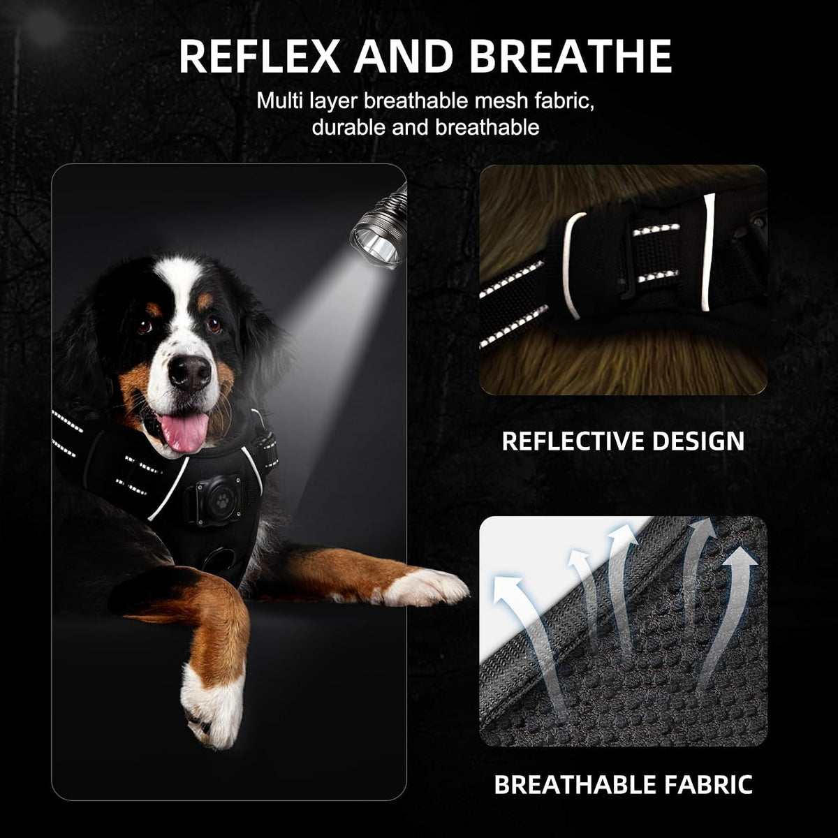 Dog Harness with 100% Waterproof AirTag Holder, AirTag Dog Vest (Black,M)