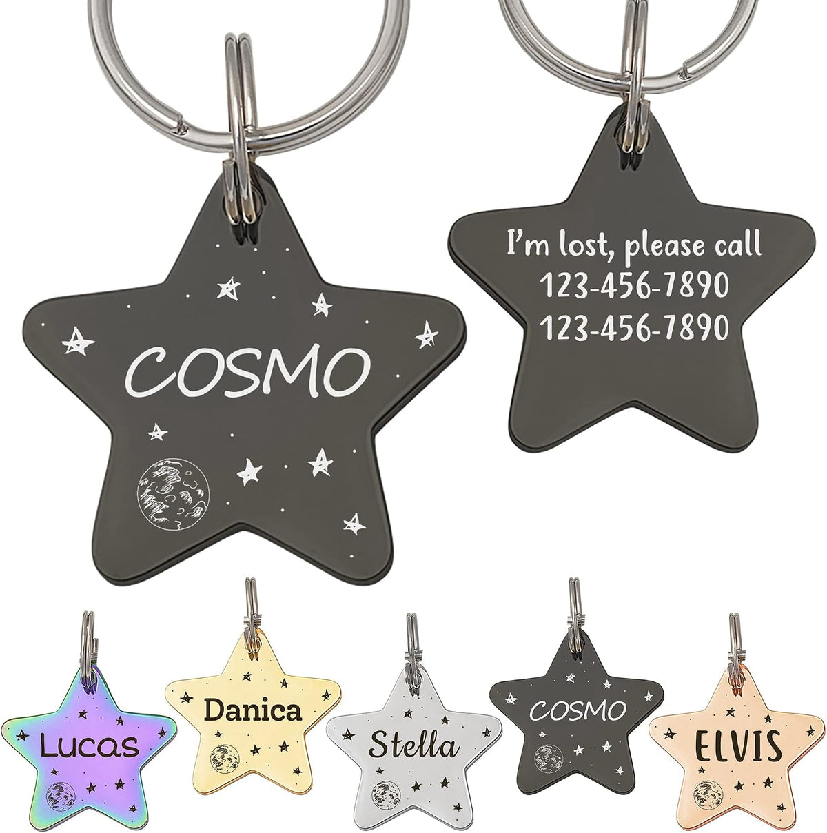 Anavia Starry Sky Theme Pet ID Tags in Half Moon & Star Shape, Personalized Dog Name Tag Cat Tag, Glossy Stainless Steel Gold Plated Black Rainbow Dog Collar Tag (Medium, Star Shape, Black)