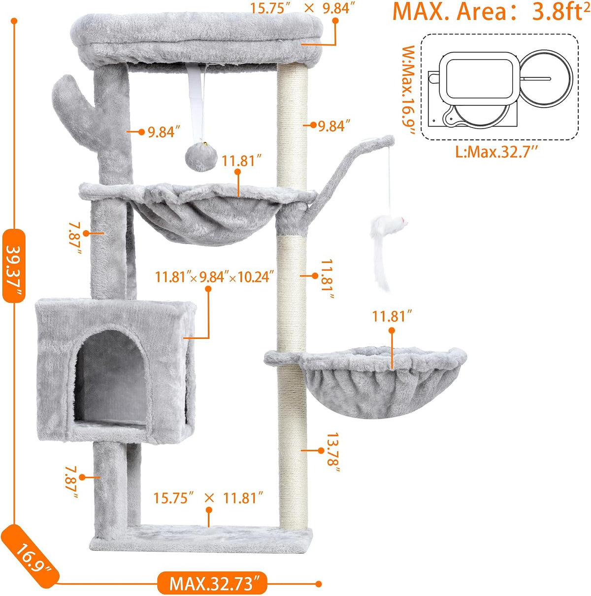 Heybly Cat Tree, 40" Tower with All-Sisal Wrapped Scratching Post HCT006SW