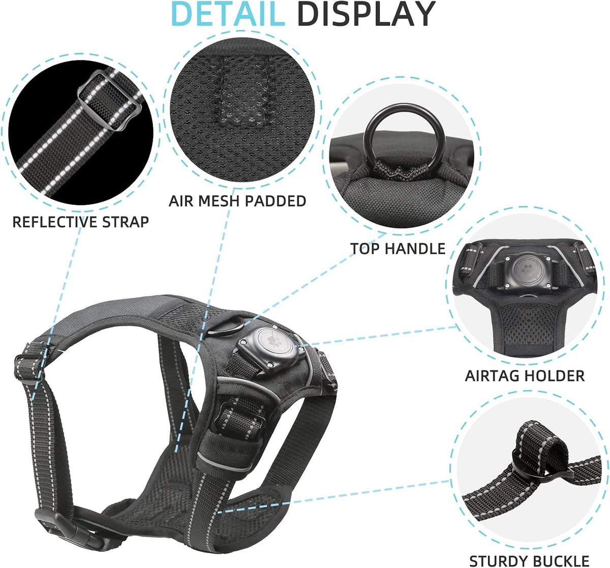 Dog Harness with 100% Waterproof AirTag Holder, AirTag Dog Vest (Black,M)