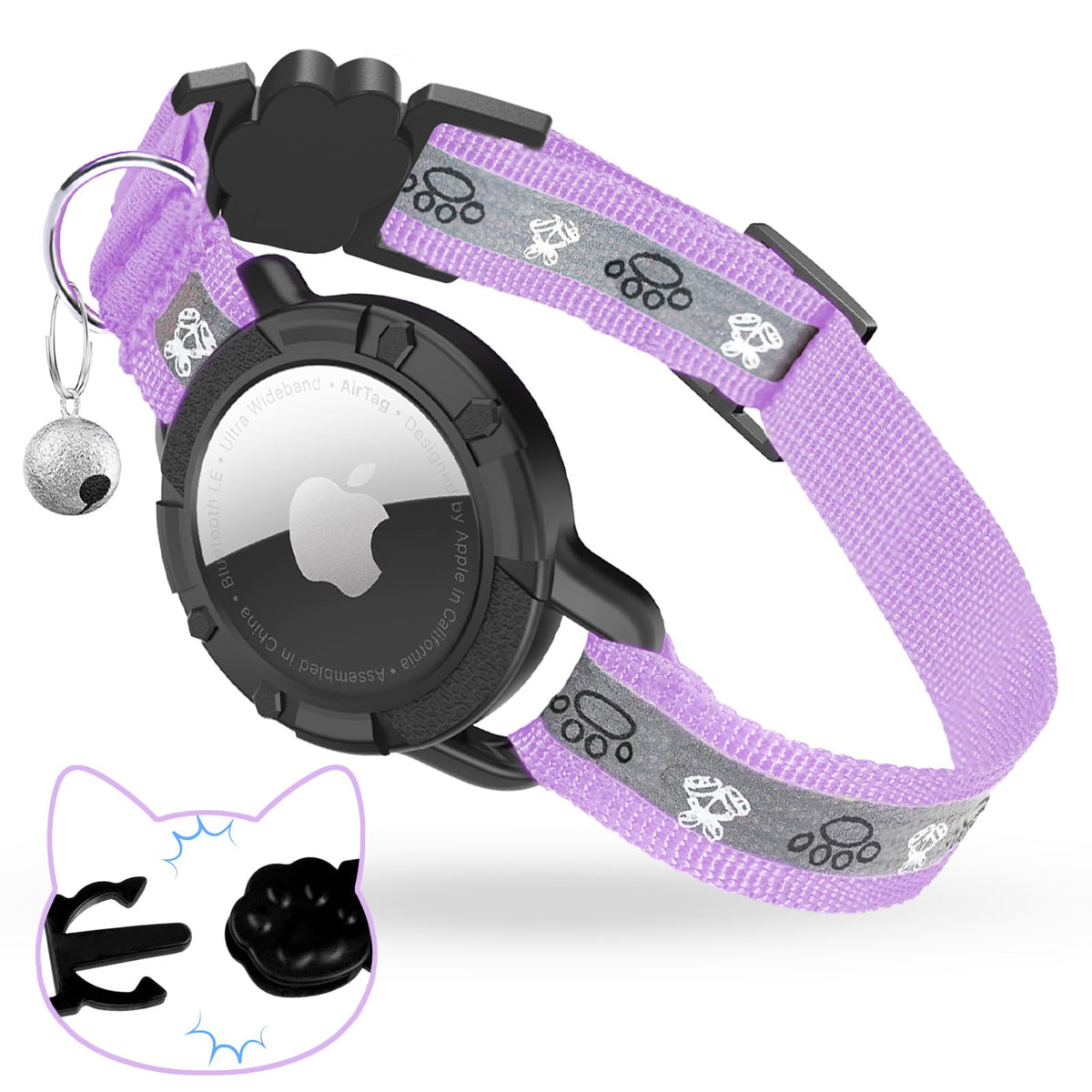 Breakaway AirTag Cat Collar, Reflective Cat Tracker Collar with Bell