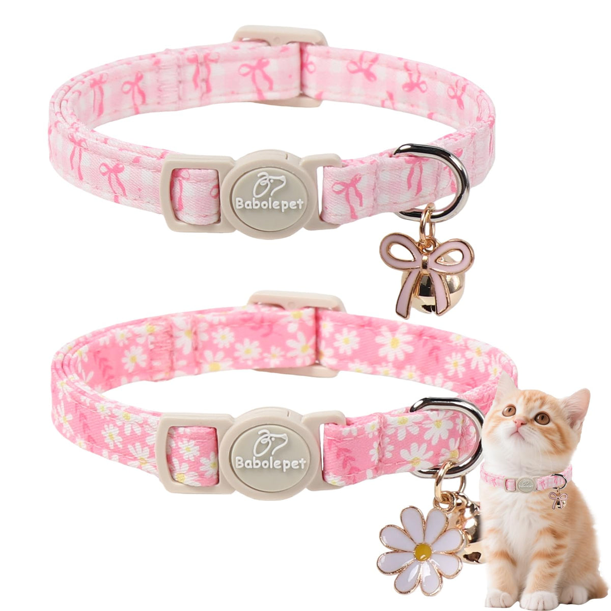 2 Pack Christmas Cat Collars - Breakaway Cat Collar with Bell, Christmas Tree and Reindeer Pendant, Winter Adjustable Kitten Collars for Girl Boy Cats, Pink Santa &Fair Isle