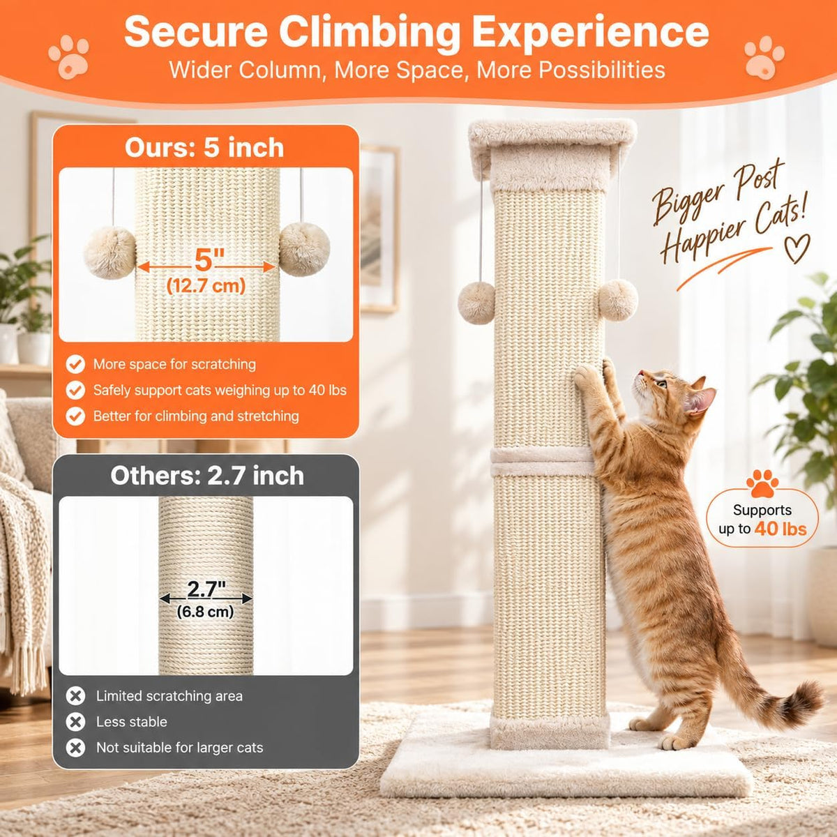 SOCATER Cat Scratching Post 33 Inch Nature Sisal Cat Scratch Post for Indoor Cats, Large Cat Scratcher Protect Your Furniture, for All Breeds