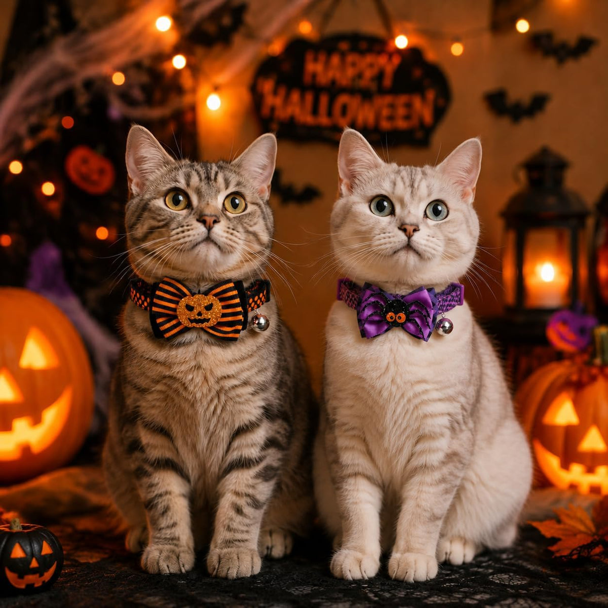 azuza 2 Pack Halloween Cat Collars with Bell, Pumpkin Spider Bowtie Design