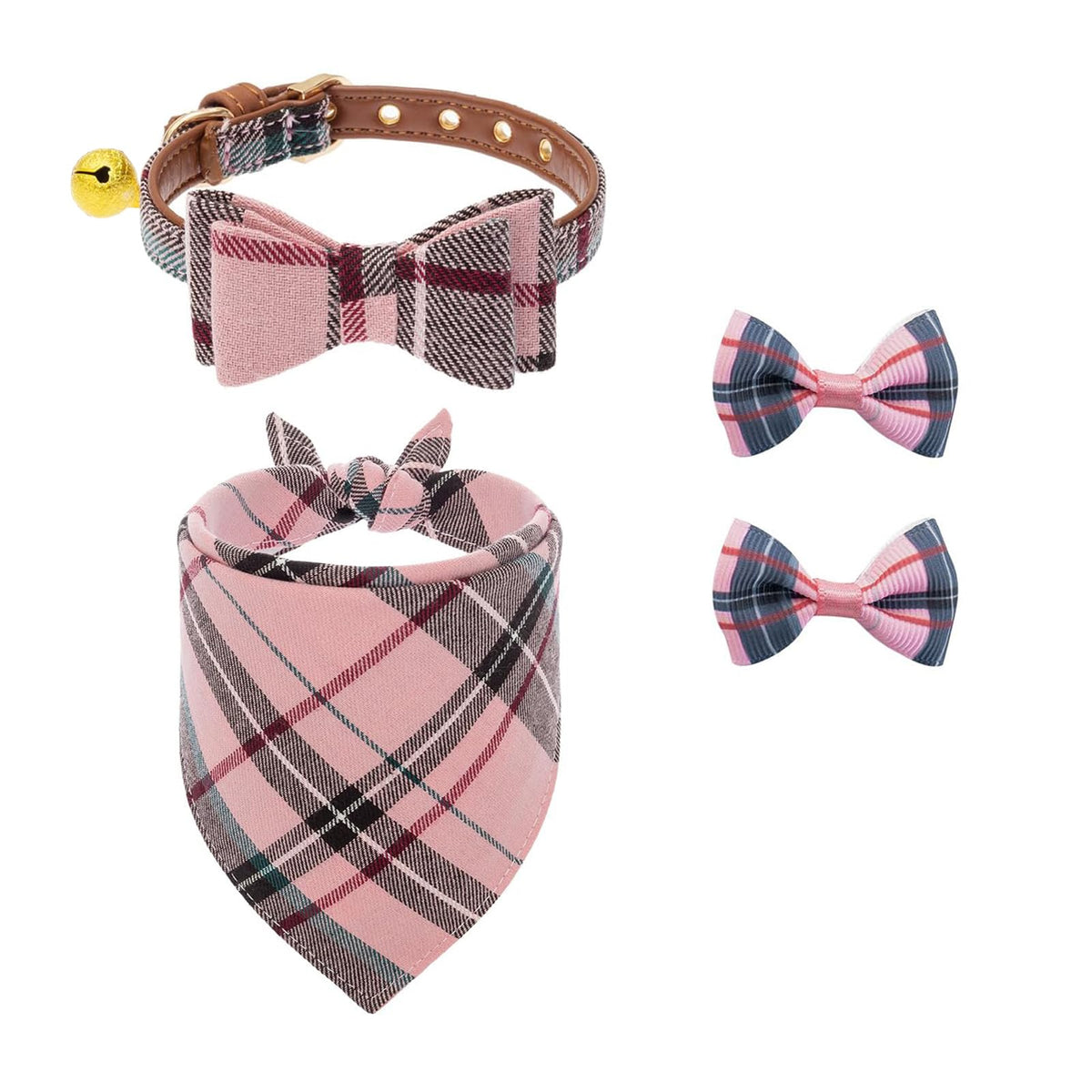 PUPTECK Halloween Dog Collar and Leash Set - 3 Pack Adjustable Pet Bandana Collars with Bow Tie and Bells, Soft Leather for Small Dogs Puppies and Cats Accessories, Orange Pumpkin