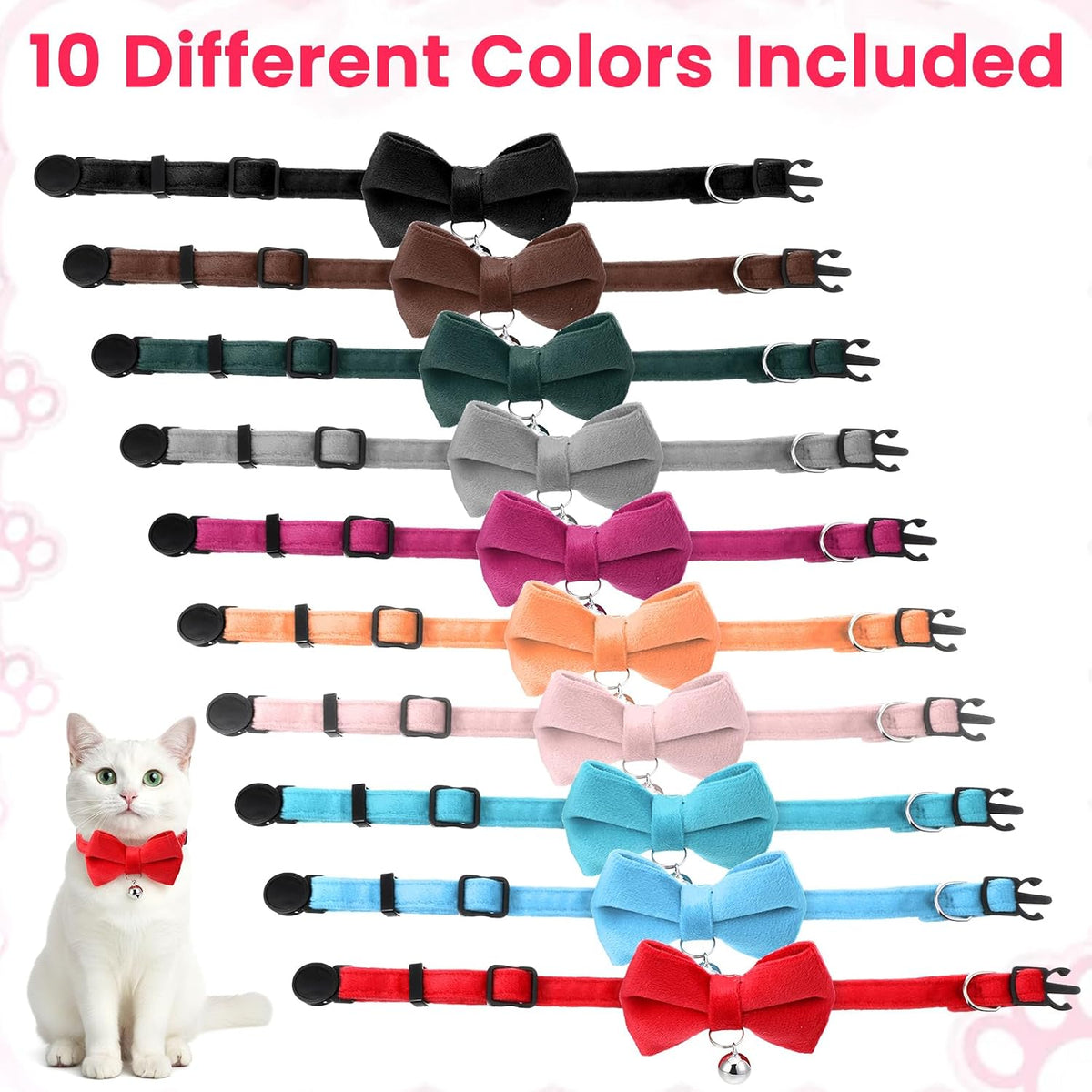 20 Pack Cat Collars with Bow Tie and Bell, Adjustable 7-11 inch Pet Collar with Safety Buckle, Solid Colors Kitten Bow Breakaway Cat Bowtie for Puppy Pet Accessories (10 Colors)