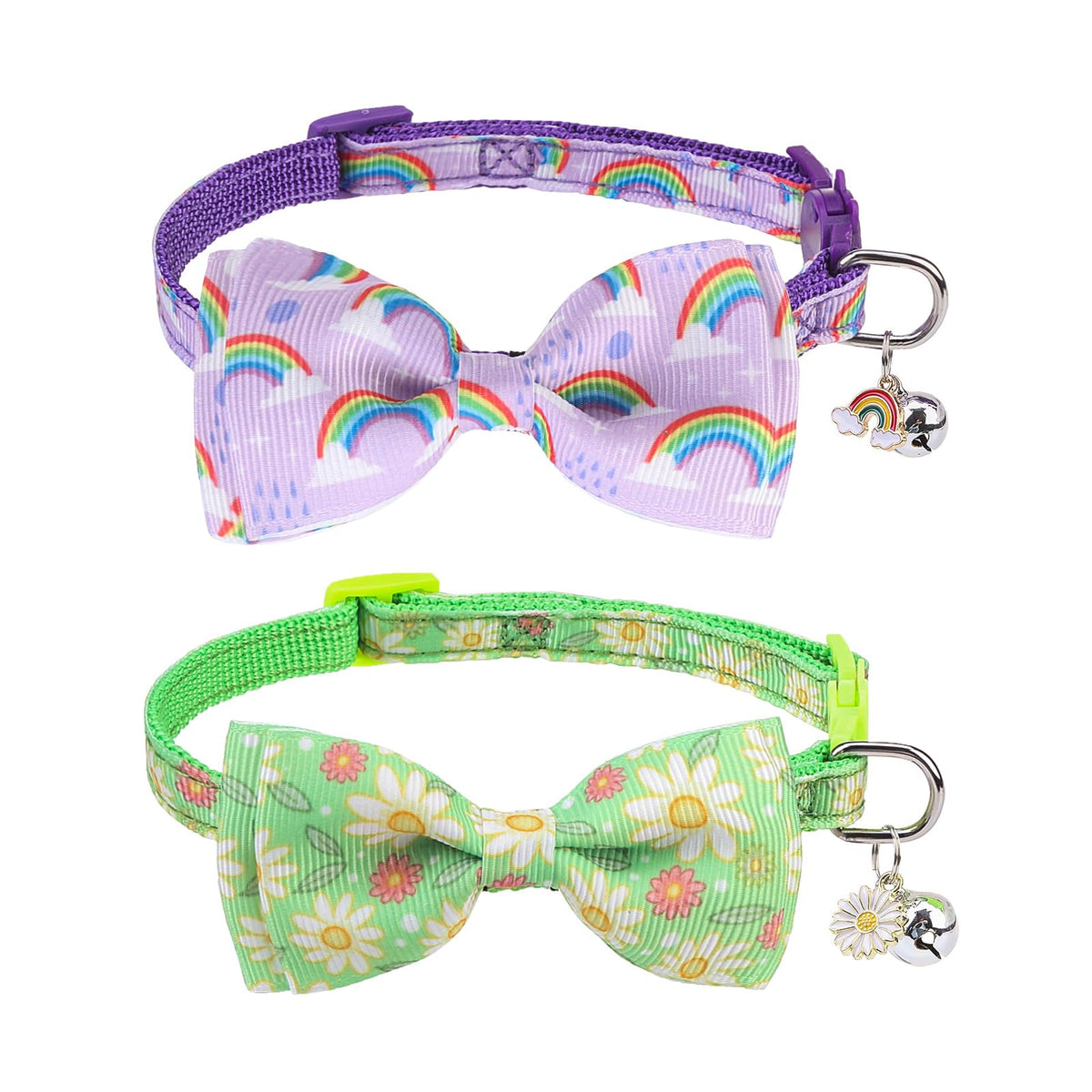 SCENEREAL Breakaway Cat Collar with Bell, 2 Pack Safety Adjustable Cat Collars with Pendant, Pink Personalised Puppy Kitten Collar with Bow for Spring Summer, Strawberry Daisy