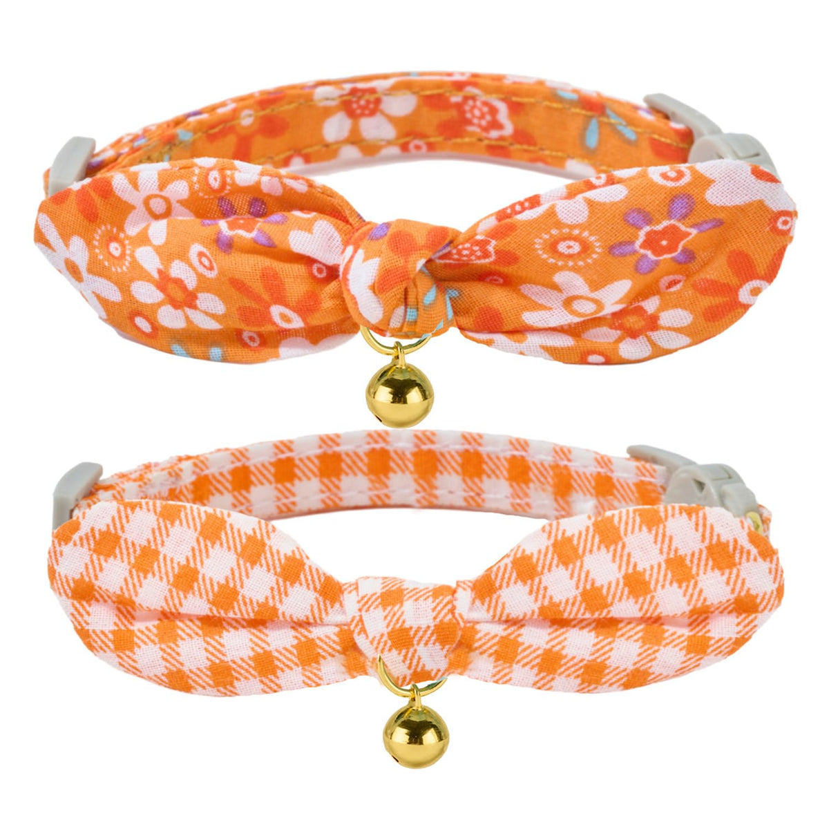 Bowtie Cat Collar with Bell, 2 Pack Cotton Breakaway Kitten Collars with Removeable Bow Stylish Cat Collars, Gradient Plaid & Polka Dot Blue