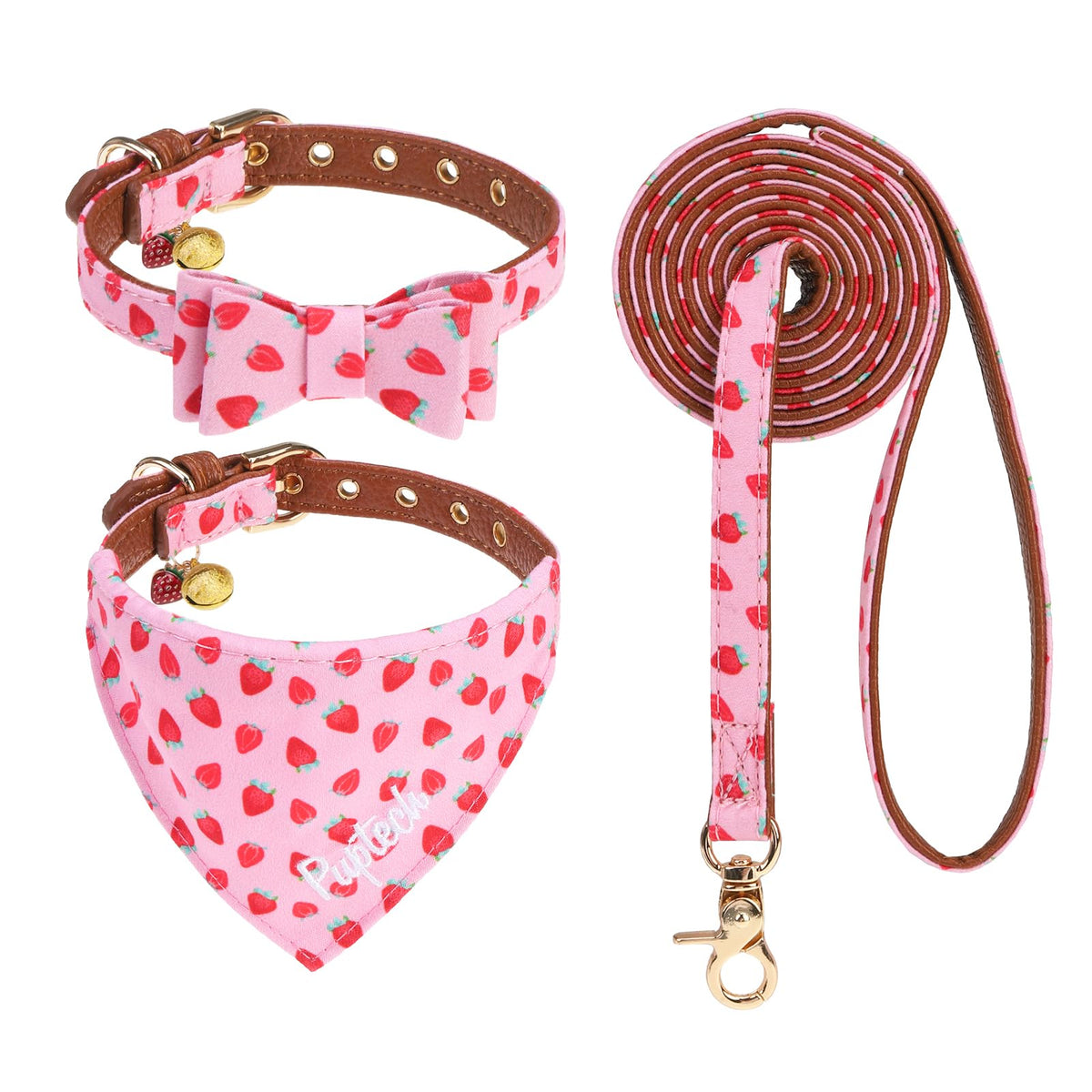 PUPTECK Halloween Dog Collar and Leash Set - 3 Pack Adjustable Pet Bandana Collars with Bow Tie and Bells, Soft Leather for Small Dogs Puppies and Cats Accessories, Orange Pumpkin