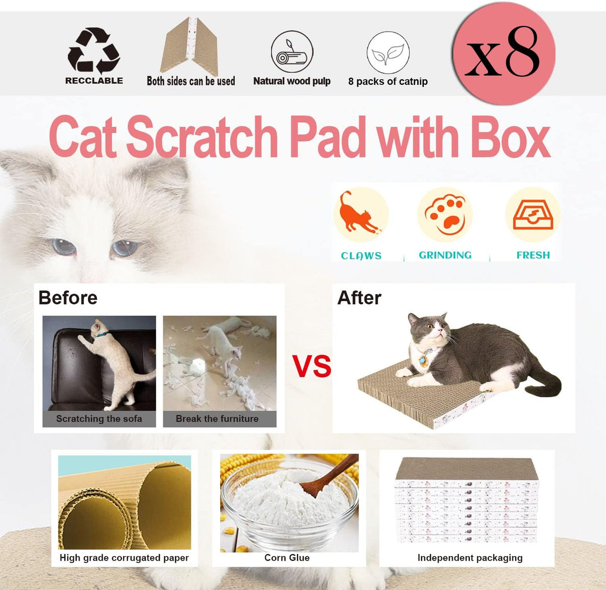 8 Packs in 1 Cat Scratch Pad, Cat Scratcher Cardboard,Reversible,Durable Recyclable Cardboard, Premium Scratch, Suitable for Cats to Rest, Grind Claws and Play