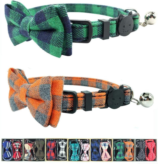 Cat Collar Breakaway with Bell and Bow Tie, Plaid Design Adjustable Safety Kitty Kitten Collars Set of 2 PCS (6.8-10.8in) (Green&Orange Plaid)