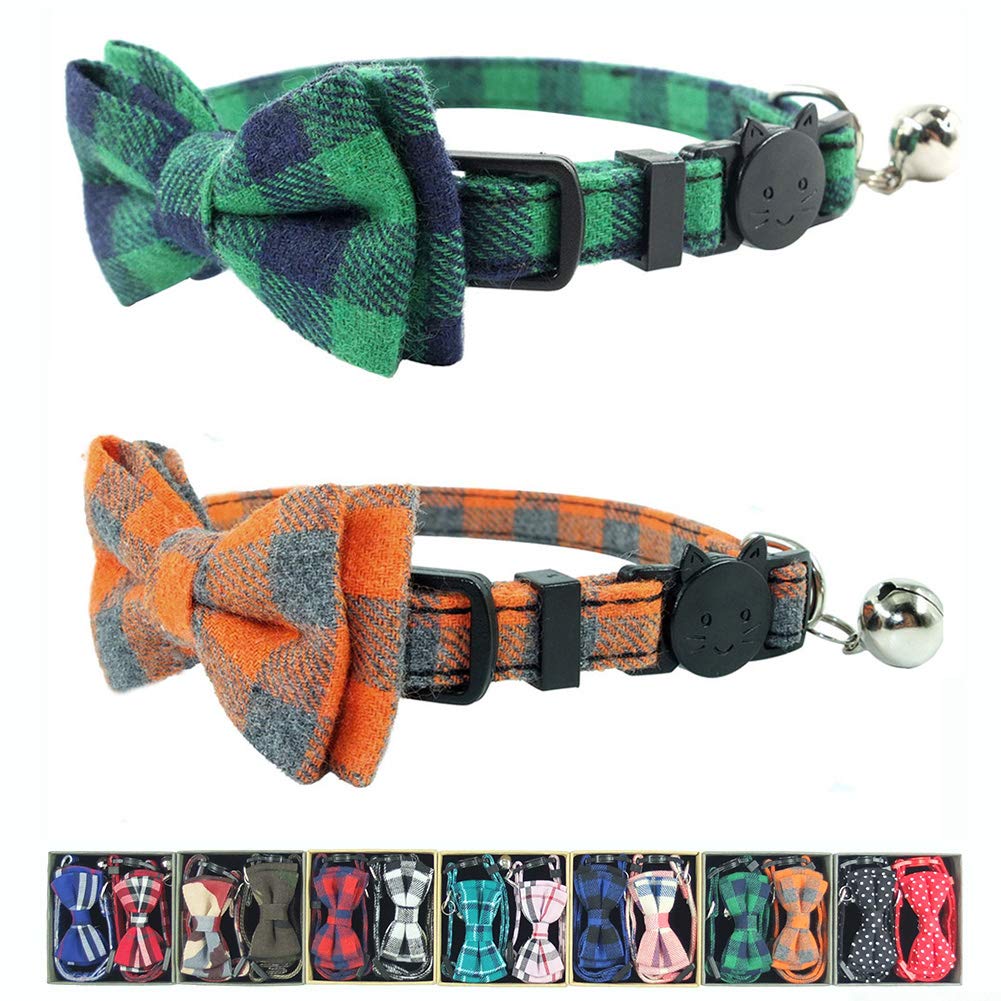 Cat Collar Breakaway with Bell and Bow Tie, Plaid Design Adjustable Safety Kitty Kitten Collars Set of 2 PCS (6.8-10.8in) (Green&Orange Plaid)