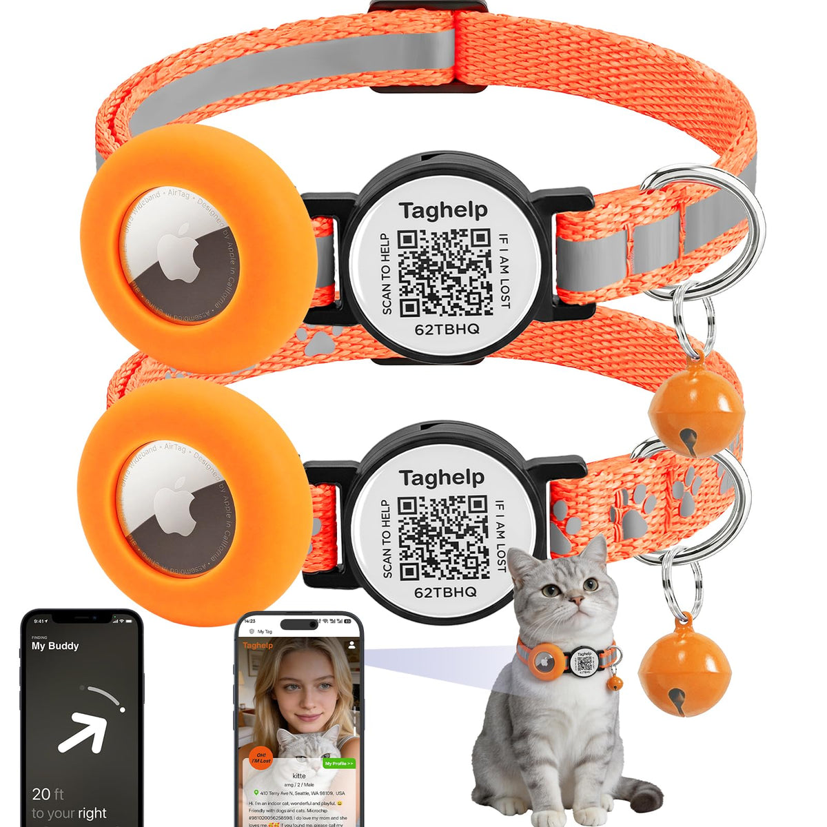 2 Pack Airtag Cat Collar, Breakaway Cat Airtag with Smart ID tag & QR Code Reflective (Moon Stars - Black & Pink, with Integrated AirTag Holder)