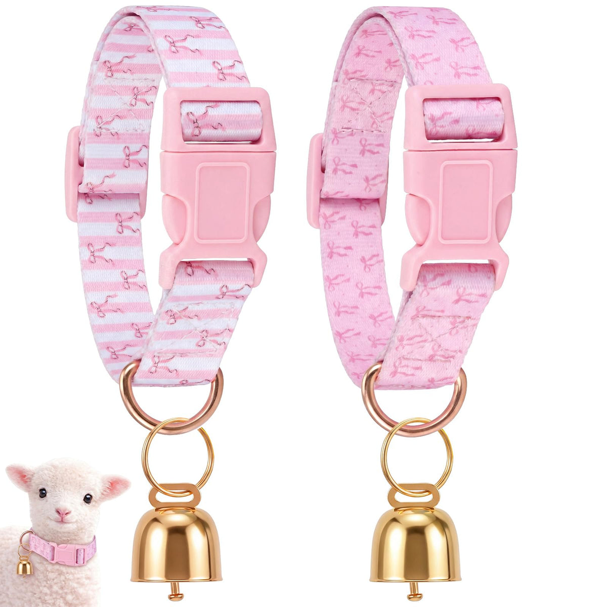 2 Pack Floral Goat Collars with Bells, White Pink Girly Pattern for Lambs