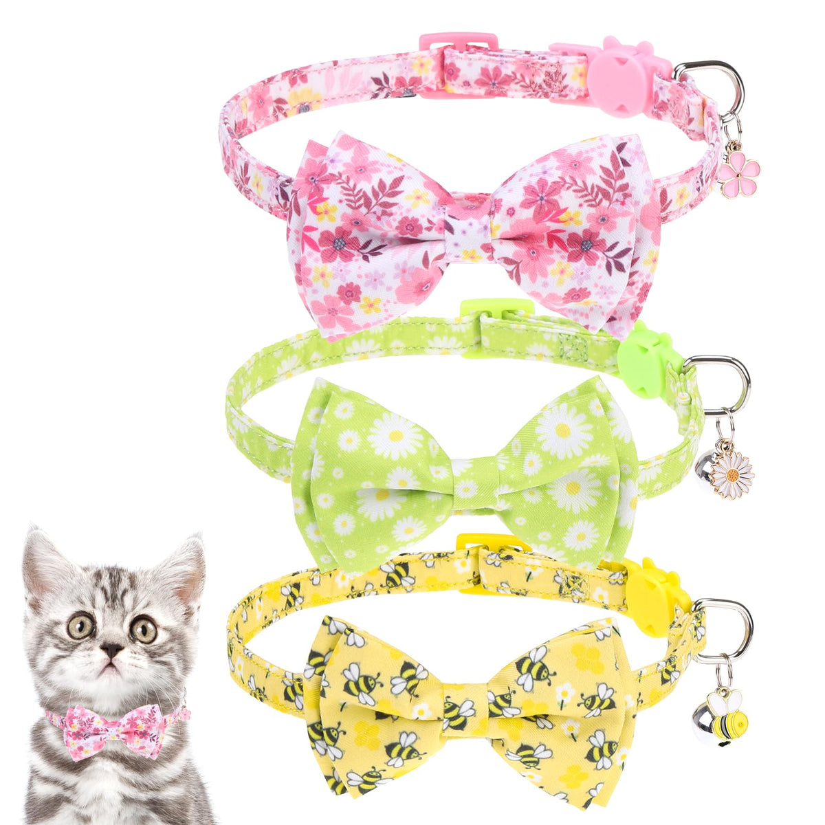 KOOLTAIL Glow in The Dark Cat Collar Breakaway with Bells,6 Pack Moonlight Cute Kitten Collars, Personalized Reflective Safety Buckle Stars&Moon Charm Pet Collars for Kitty Boys Girls, Pink Purple