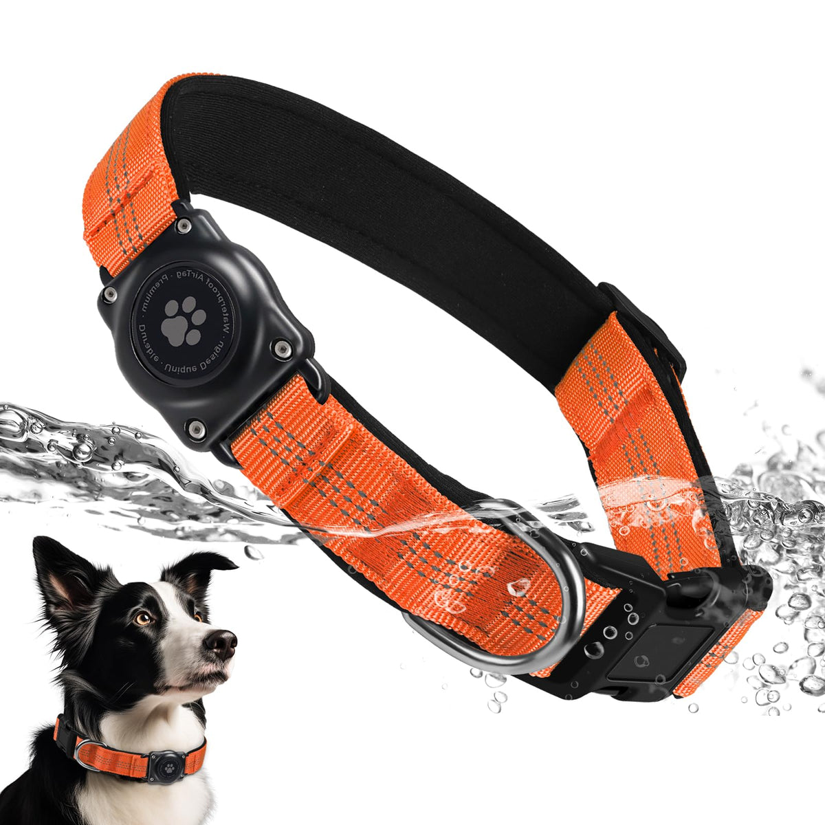 Upgrade Dog Collar with AirTag Holder, IP68 Waterproof, Black, S