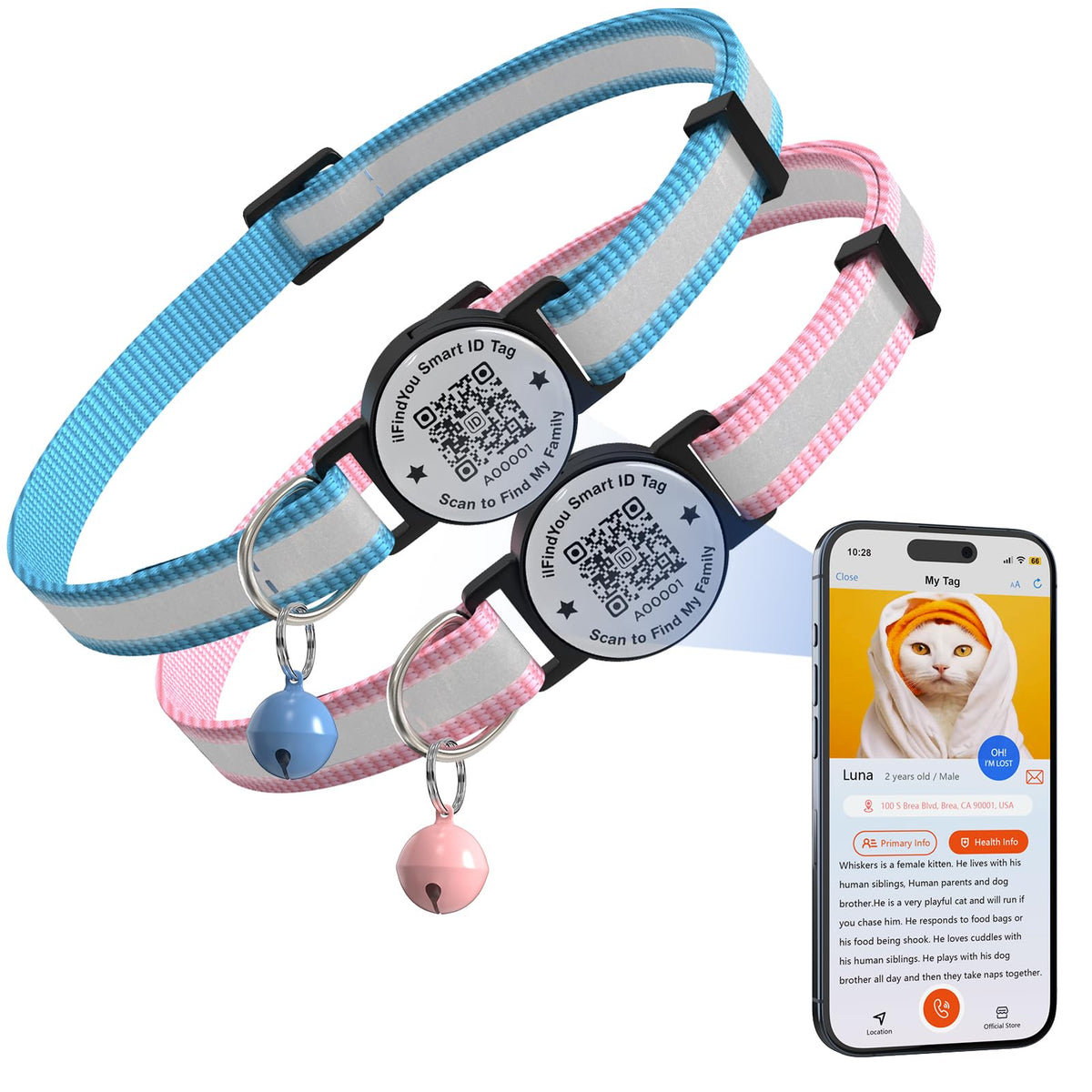 Cat Collar Breakaway QR Code, Reflective cat Collar with Bells, 3-Pack