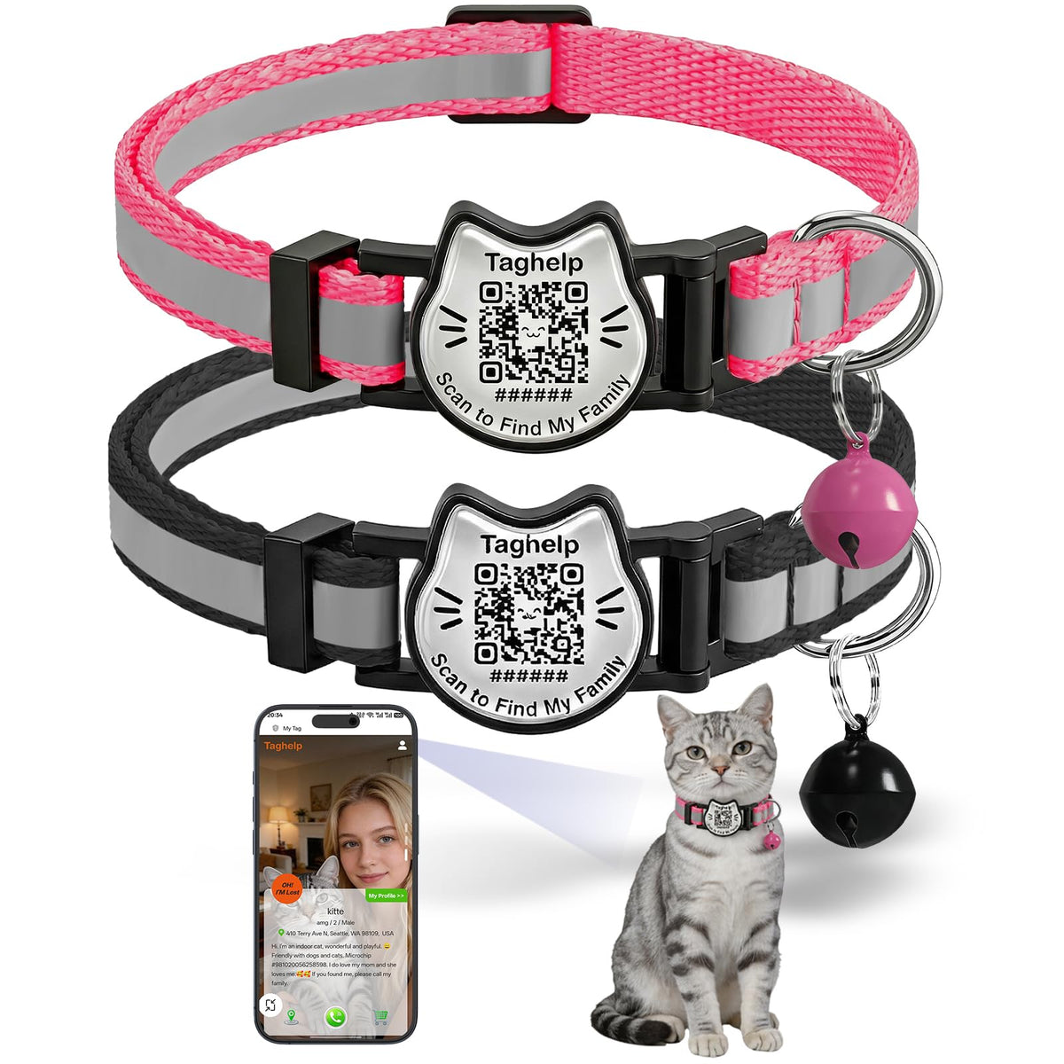 Breakaway Cat Collar with QR Code Tag and Bell (Black & Rose red)