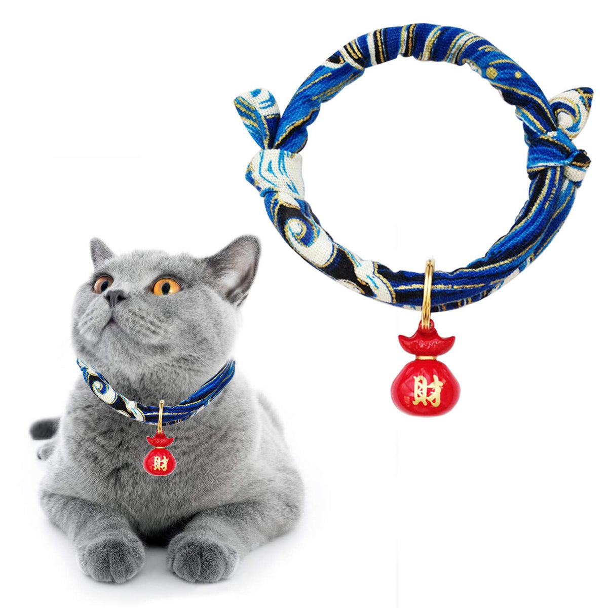 Cat Collar with Bell, 1 Pack Blue Japanese Style Waves Print Pet Collar Adjustable Cat Collar with Fortune Bell for Small Cats Puppy Pets, M