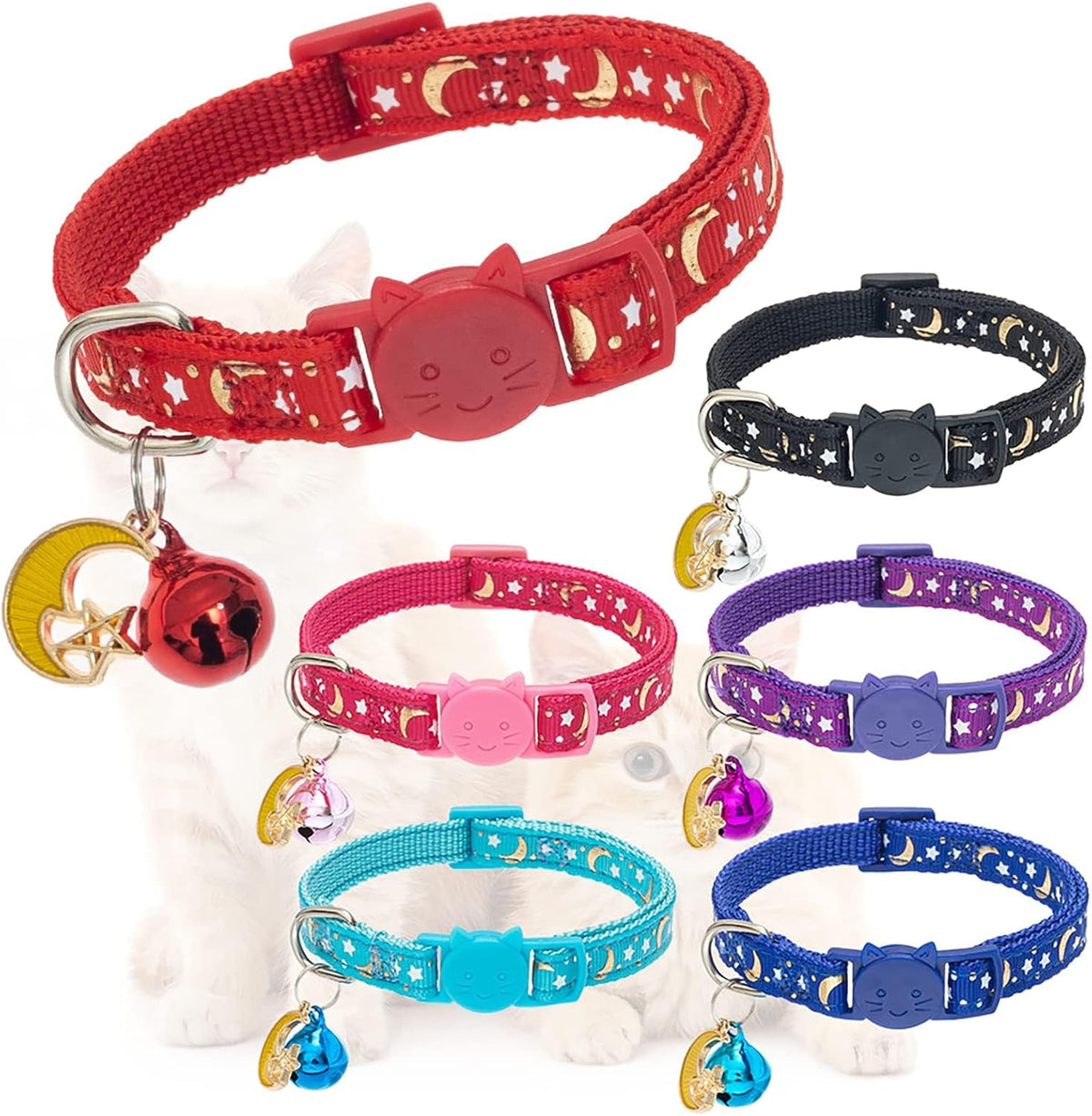 KOOLTAIL Glow in The Dark Cat Collar Breakaway with Bells,6 Pack Moonlight Cute Kitten Collars, Personalized Reflective Safety Buckle Stars&Moon Charm Pet Collars for Kitty Boys Girls, Pink Purple