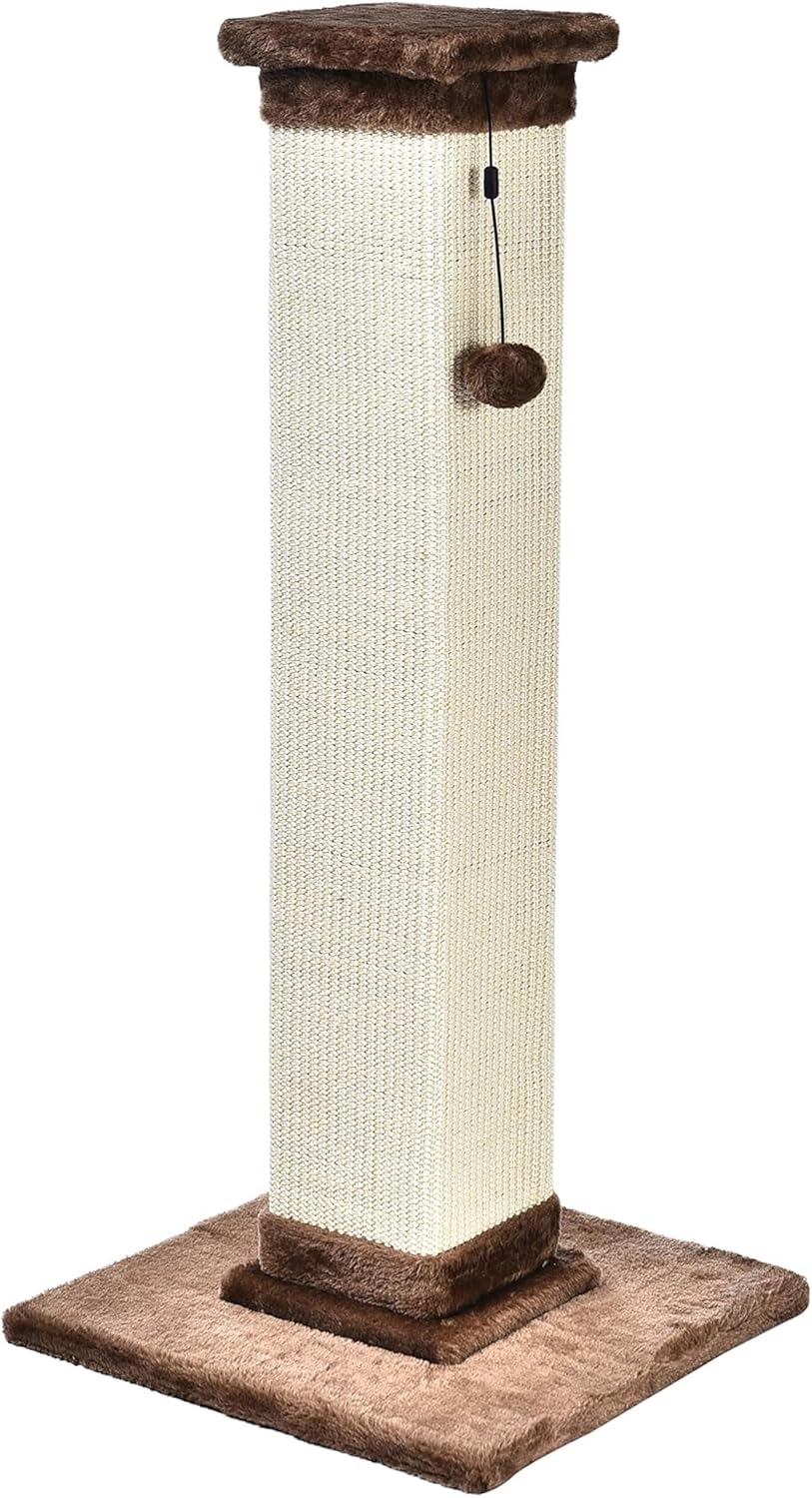 Amazon Basics Cat Scratching Post for Indoor Cats & Kittens, Medium (31.5"H), Cat Furniture with Dangling Ball Toy, Grey
