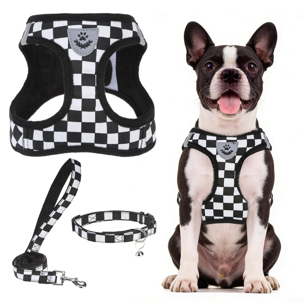 PUPTECK Adjustable Pet Harness Collar &Leash Set Step in for Small Dogs Puppy &Cats Outdoor Training &Running, Soft Mesh Padded Reflective Vest Harness,M: Chest girth: 16-18in Collar: 11.8-15.7in