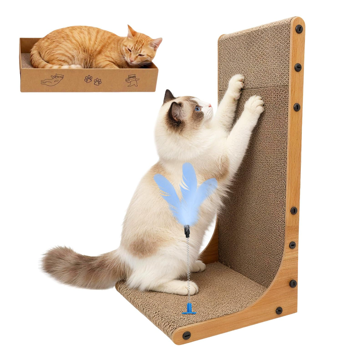 Goosheep Cat Scratching Post, 3-in1 Cat Scratcher for Indoor Cats, 2PK 22in L-Shaped Scratching Board with 1PK Cardboard Box Scratch Pad, Cats Scratch Furniture Protector with Feathered Toy
