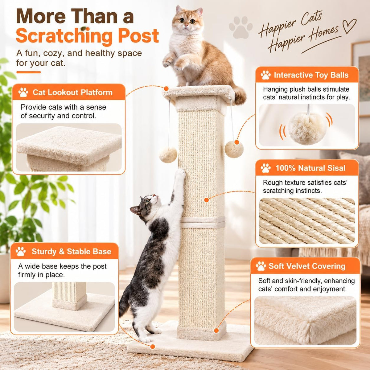 SOCATER Cat Scratching Post 33 Inch Nature Sisal Cat Scratch Post for Indoor Cats, Large Cat Scratcher Protect Your Furniture, for All Breeds