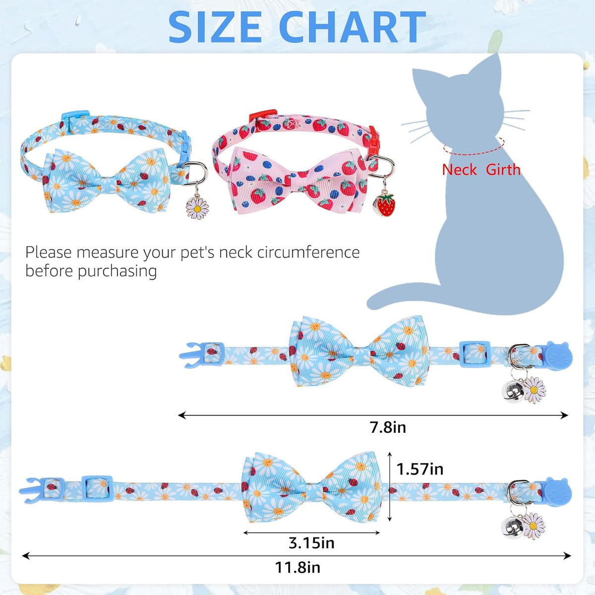 SCENEREAL Breakaway Cat Collar with Bell, 2 Pack Safety Adjustable Cat Collars with Pendant, Pink Personalised Puppy Kitten Collar with Bow for Spring Summer, Strawberry Daisy