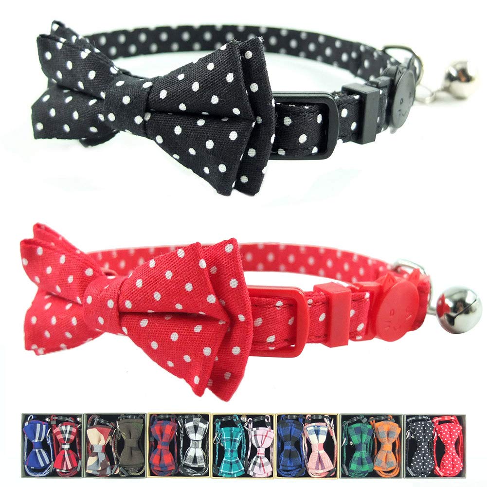 Cat Collar Breakaway with Bell and Bow Tie, Plaid Design Adjustable Safety Kitty Kitten Collars Set of 2 PCS (6.8-10.8in) (Green&Orange Plaid)