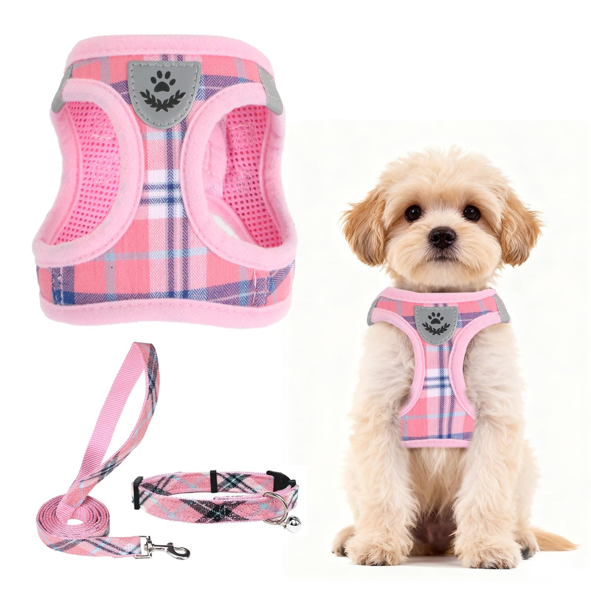 PUPTECK Adjustable Pet Harness Collar &Leash Set Step in for Small Dogs Puppy &Cats Outdoor Training &Running, Soft Mesh Padded Reflective Vest Harness,M: Chest girth: 16-18in Collar: 11.8-15.7in